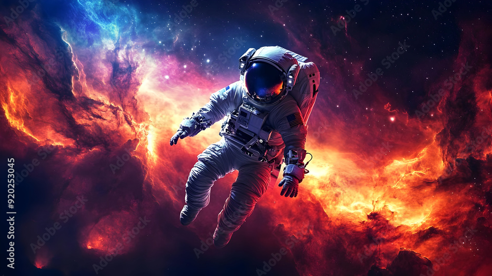 Poster an astronaut floating in a colorful cosmic nebula, symbolizing exploration and discovery.