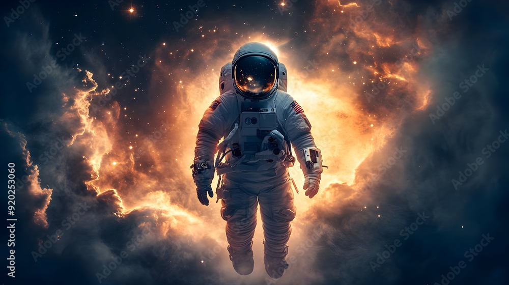 Poster an astronaut floating in space surrounded by a cosmic explosion of colors and light.