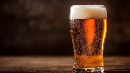 Freshly Poured Cold Craft Beer in Frosty Glass on Wooden Table with Dark Background