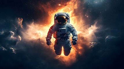 An astronaut floats in space surrounded by vibrant cosmic clouds and fiery colors.
