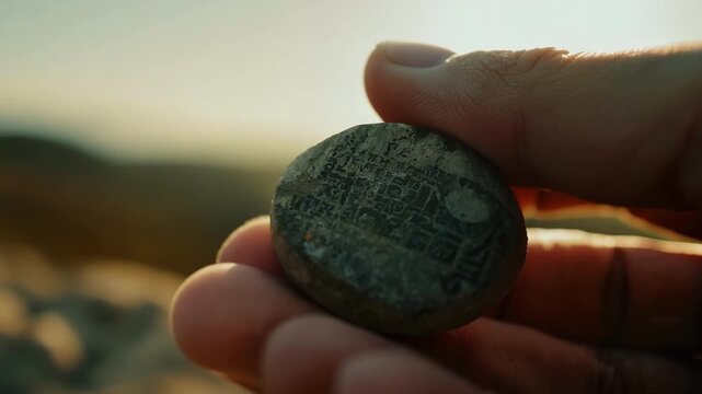 Archaeologist is holding an ancient artifact with hieroglyphics in the desert, illuminated by the setting sun. The artifact tells the story of a lost civilization