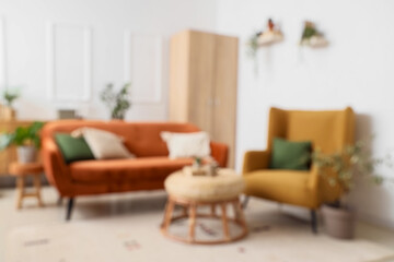 Light living room with brown armchair, sofa, coffee table and houseplants