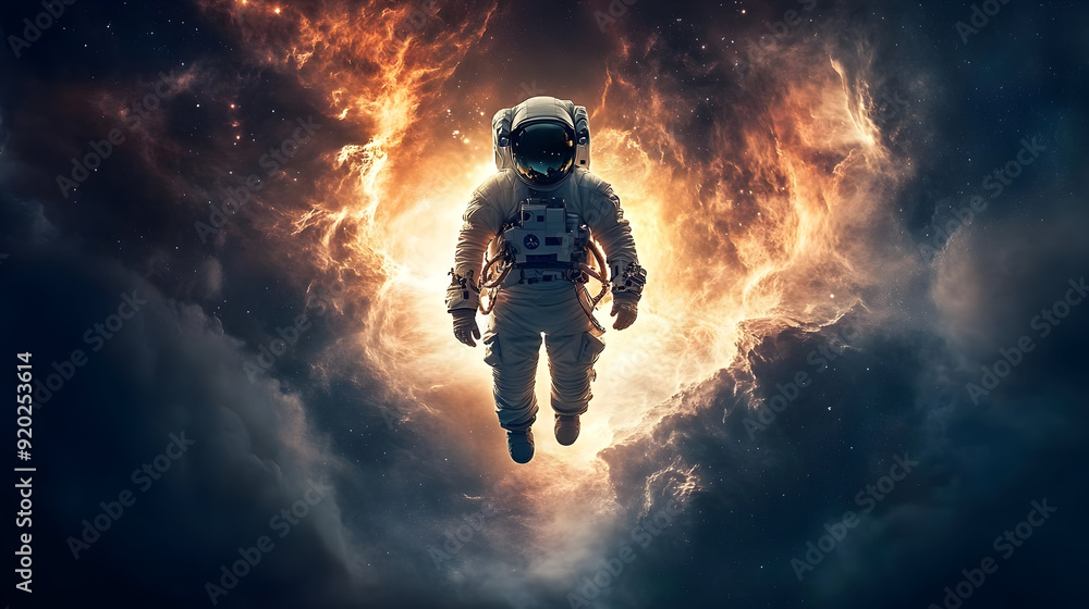Poster an astronaut floating in space surrounded by fiery cosmic elements.