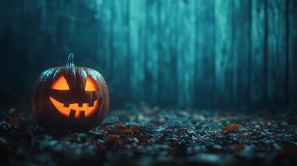 Naklejka premium A spooky Halloween pumpkin with a glowing face, set against a mysterious forest background, perfect for seasonal decor.