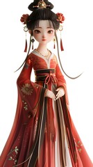Fototapeta premium Adorable 3D game character of a beautiful woman in traditional Hanfu, featuring her Asian heritage against a white background. This charming design embodies the spirit of cultural richness, making it 