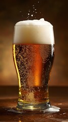 Frosty Glass of Amber Lager Beer with Cascading Foam and Bubbles on Wooden Table
