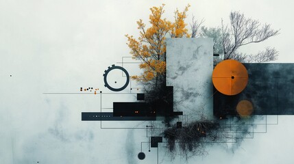 Abstract Minimalist Art: A captivating blend of geometric shapes and organic elements.  The composition features a muted color palette, and  suggests a sense of balance and tranquility. 