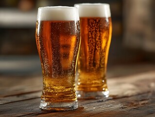 Pouring Frothy Golden Beer onto Rustic Wooden Table
