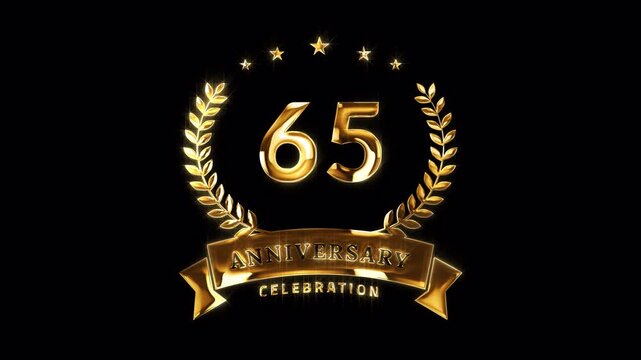 65th Anniversary Celebration. Happy 65 Years Anniversary Animation in Gold Color on the Transparent Background, Alpha Channel. Great for greetings, celebrations, events, and gifts.
