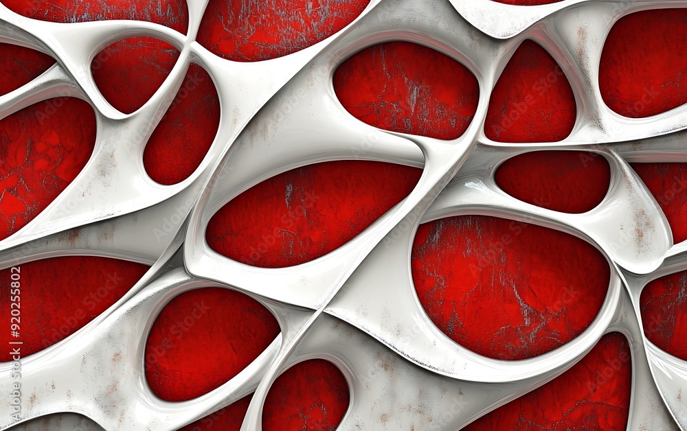 Fototapete Seamless Red and White Abstract with Intricate Patterns and Metallic Texture