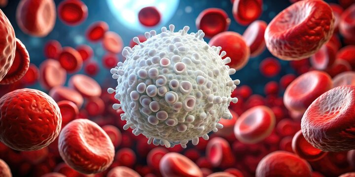 Microscopic view of a healthy white blood cell, also known as a leukocyte, with a prominent nucleus and transparent cytoplasm amidst vivid red blood cells.