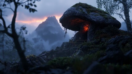  A cavern in a mountain's heart gleams with light from within