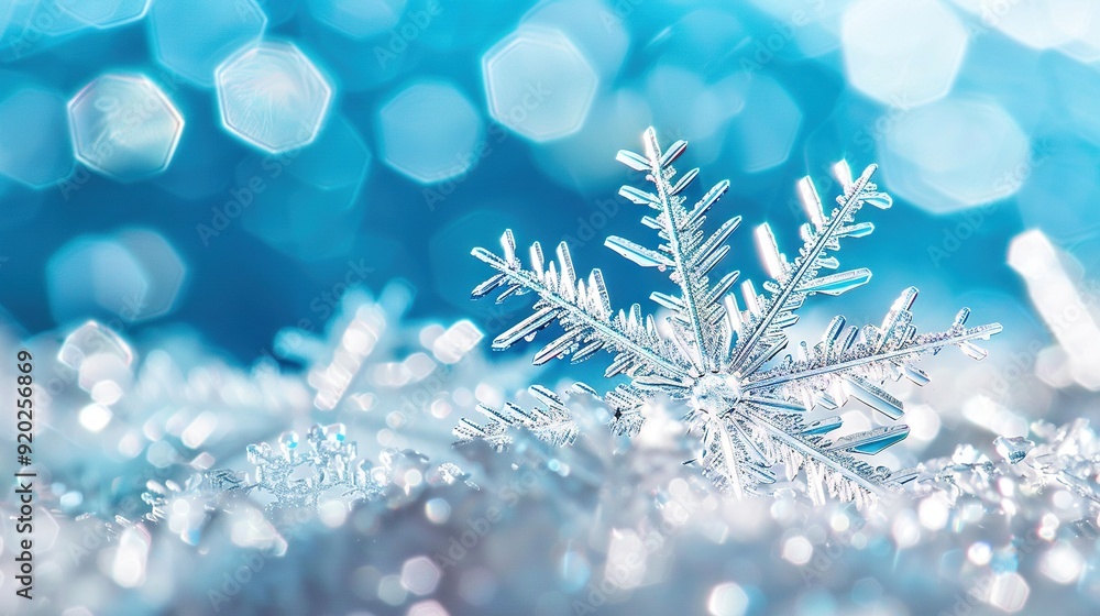 Poster blue snowflake on blue background with bokeh