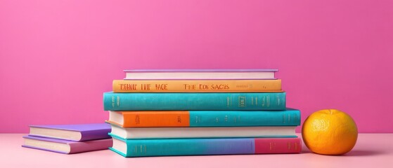 Fototapeta premium A vibrant arrangement of colorful books and decorative vases on a pastel shelf. Ideal for home decor, interior design, and modern aesthetics.