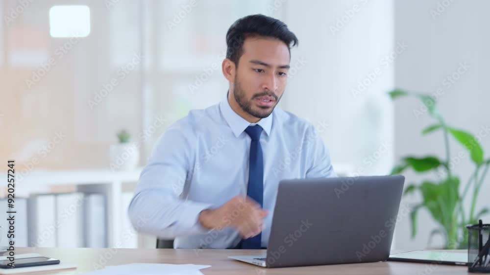 Poster Man frustrated and stressed about a financial report showing he failed his target after a new marketing campaign. Young business manager angry about bad sales in his office working on his laptop