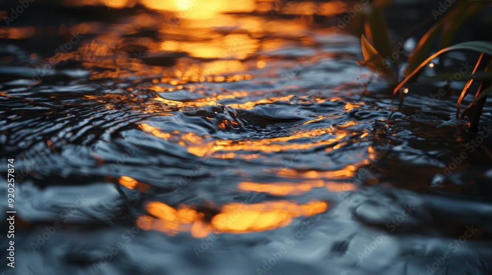 Sticker  A sunset over a water surface, with a plant breaking the surface