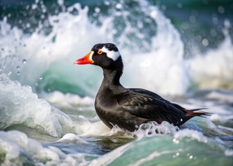 A lone surf scoter bird swims in the turbulent ocean waves, its distinctive black and white feathers glistening with sea spray on a stormy day.