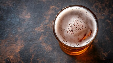 Overhead view of a freshly poured glass of amber beer with a thick foamy head on a rustic wood or stone surface