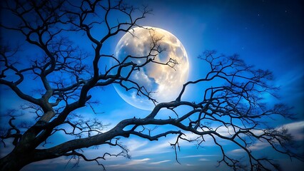 Silhouette of a Tree Branch Against a Full Moon.