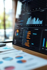 Computer screen with business data dashboards, business marketing planning.