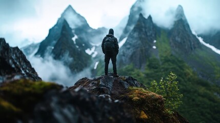  A man atop a mountain gazes out over a forest and distant mountains