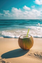 Coconut drink on sandy beach