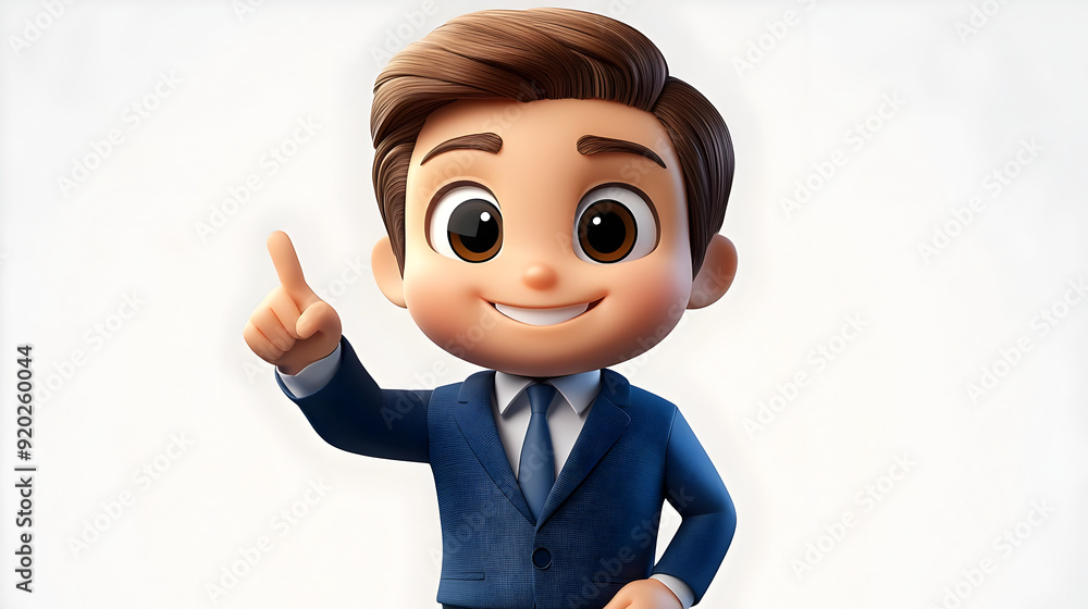 Poster a cheerful animated character in a suit, pointing with a smile.