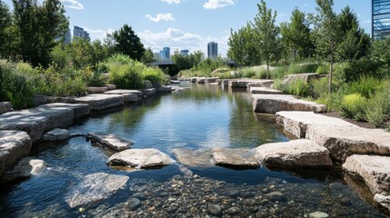 A restored river ecosystem is supported by recycled fish habitats, emphasizing environmental conservation and creative recycling. 