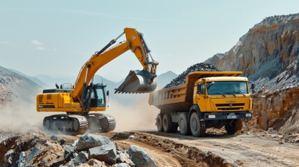 Obraz premium Massive Mining Excavator and Truck in Vast Open Pit Quarry Landscape