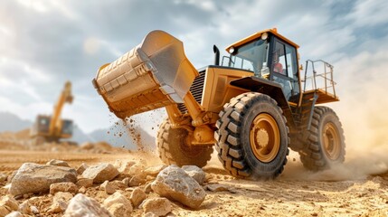 Fototapeta premium Powerful Backhoe Lifting Heavy Rocks at a Construction Site with Cloudy Sky Background