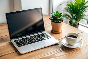 Fototapeta premium Coffee Break with Laptop on Wooden Table.