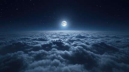 A breathtaking view from above the clouds at night, with the moonlight casting a soft glow over the cloud tops.