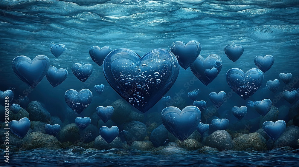 Poster a painting of a heart cluster bobbing in water with multiple bubble streams on the surface
