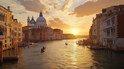 Naklejka premium A breathtaking view of Canal Grande with Basilica di Santa Maria della Salute at sunset, reflecting golden hues on the water.