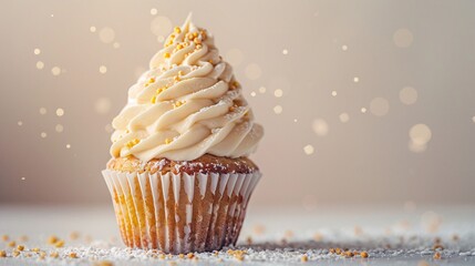 4. A deliciously decorated cupcake featuring cream cheese frosting and golden sugar sprinkles, captured on a light background with ample negative space for banner text
