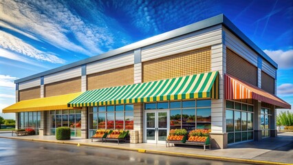 Vibrant exterior of a modern grocery store with a welcoming facade, large windows, and a striped awning, set against a clear blue sky.