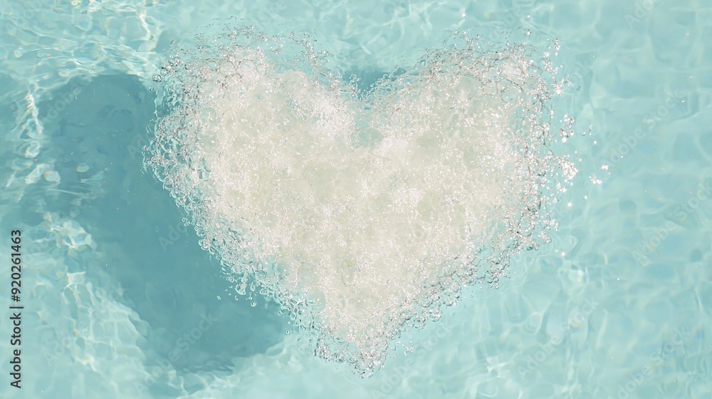 Poster heart-shaped object floats in water pool with heart-bubble surface