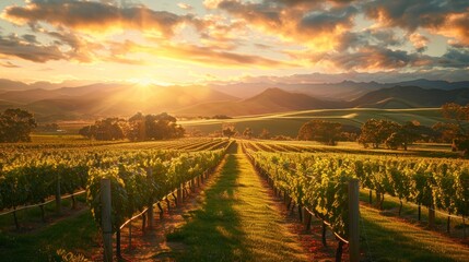 Fototapeta premium Sunlit vineyard in mountain landscape tranquil scene with grape vines, clear sky, and clouds