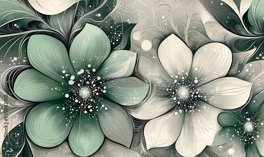 Poster seamless abstract with intricate floral patterns in green and grey