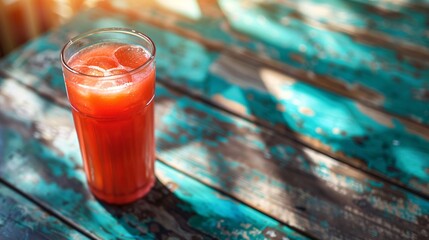 1. Glass of watermelon juice on a rustic wooden table, perfect for a refreshing summer drink concept, capturing the essence of relaxation