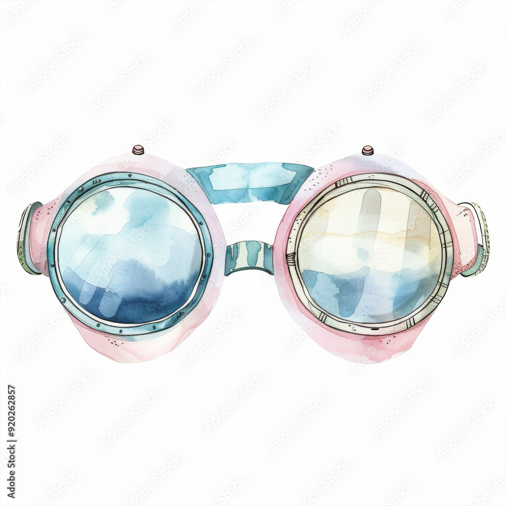 Wall mural watercolor illustration of vintage goggles with reflective lenses