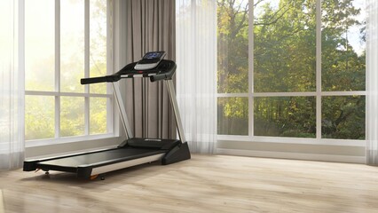 Luxury home gym concept. Modern treadmill in fitness room in sunlight from large window with brown...