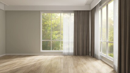 Empty room with gray wall, brown blackout and white sheer curtain in sunlight from backyard with...