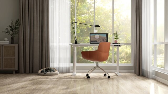 White adjustable working desk, brown chair by window to backyard with brown blackout, white sheer curtain in morning sunlight for interior design decoration background 3D