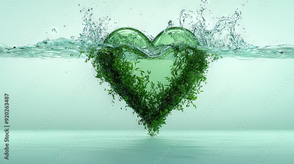Aufkleber a heart-shaped object floats in water with a splash on top and grass growing from it