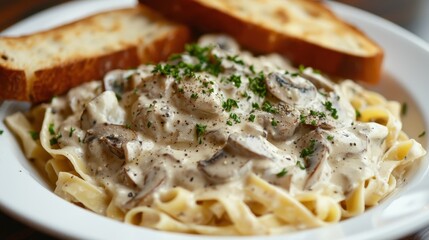 Fototapeta premium Delicious fettuccine pasta in creamy mushroom sauce, garnished with parsley, served with toasted bread.