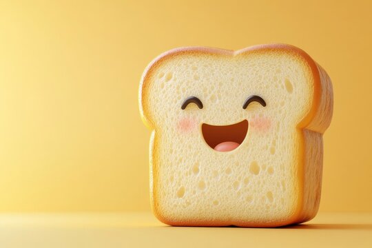 Happy toast with face, 3d cartoon character on yellow background. Copy space. Concept: animated food, cute character, bakery