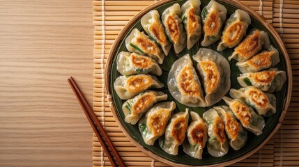 Delicious plate of golden-brown dumplings arranged elegantly on a bamboo mat, perfect for a culinary experience.