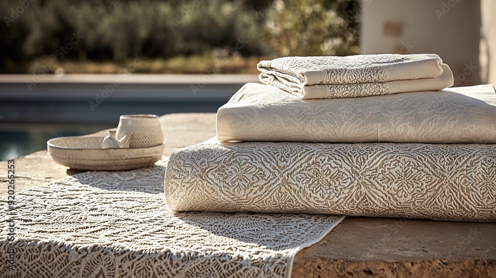 Poster a pool surrounded by a stack of towels and slippers on a nearby table