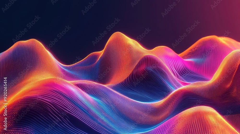 Poster a fluid, abstract 3d waveform with a gradient color scheme, representing innovation and technologica